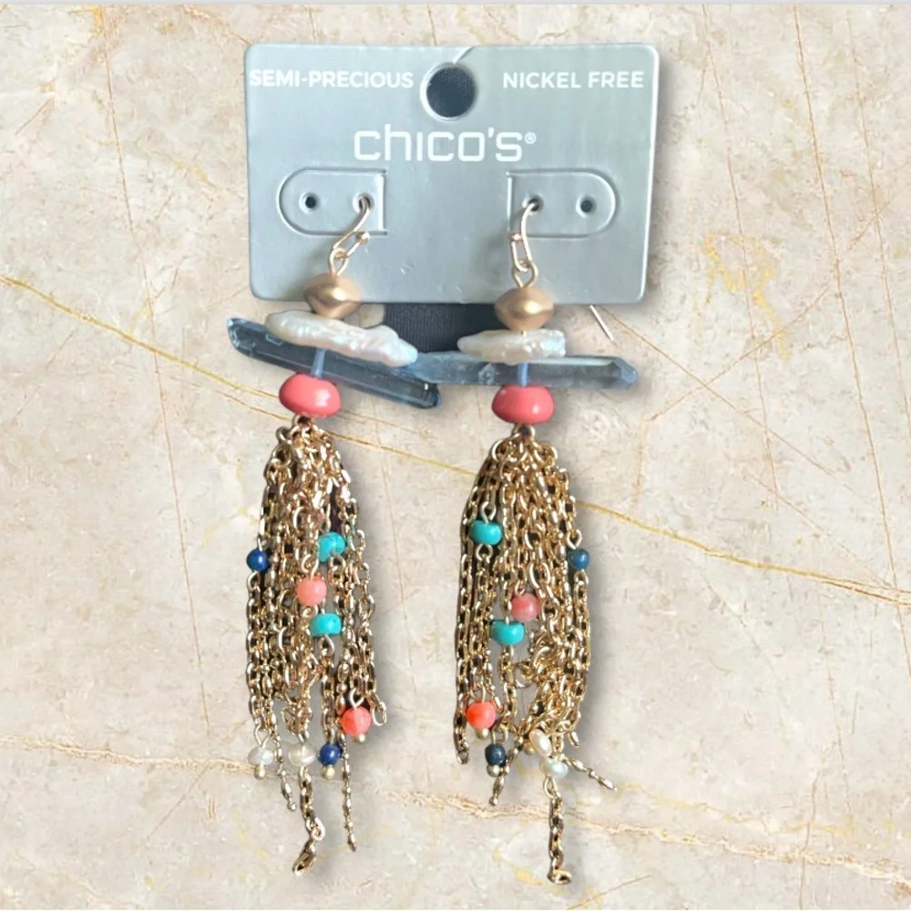 Chicos Gold Tone Multi Beaded Tassle Earrings